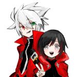  1boy 1girl black_hair blazblue blazblue:_cross_tag_battle green_eyes grey_eyes height_difference heterochromia jacket looking_at_another ragna_the_bloodedge red_eyes red_jacket ruby_rose rwby simple_background v white_background white_hair 