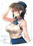  10s 1girl adapted_costume bare_arms beret black_bra black_gloves black_hair blue_hat blue_skirt bra breasts closed_mouth dated dress gloves hat isshiki_(ffmania7) kantai_collection large_breasts looking_to_the_side purple_neckerchief red_eyes short_hair sketch skirt solo takao_(kantai_collection) twitter_username underwear upper_body white_dress 