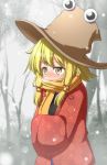  1girl bare_tree blonde_hair blurry blush coat cowboy_shot day depth_of_field floral_print full-face_blush hair_ribbon hands_in_sleeves hat highres looking_to_the_side moriya_suwako outdoors ribbon scarf scarf_over_mouth short_hair sidelocks snowing solo teoi_(good_chaos) touhou tree unmoving_pattern winter yellow_eyes 