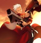  1boy archer coat dark_skin dark_skinned_male dual_wielding fate/grand_order fate_(series) gun handgun kanshou_&amp;_bakuya looking_at_viewer pistol pose red_coat short_hair weapon white_hair yellow_eyes 