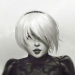  1girl blindfold_removed blurry commentary depth_of_field greyscale hair_over_one_eye hairband krystopher_decker lips looking_at_viewer mole mole_under_mouth monochrome nier_(series) nier_automata portrait short_hair solo yorha_no._2_type_b 