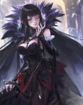  1girl assassin_of_red bare_shoulders black_dress black_hair breasts cleavage detached_sleeves dress fate/apocrypha fate_(series) fur_trim highres kang_kang_zi large_breasts long_hair one_eye_closed pointy_ears slit_pupils smile solo standing very_long_hair violet_eyes 