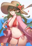  1girl bikini breasts chiki cleavage fire_emblem fire_emblem:_kakusei fire_emblem:_mystery_of_the_emblem fire_emblem_heroes green_eyes green_hair hair_ornament hat large_breasts long_hair looking_at_viewer navel parted_lips pointy_ears ponytail sky smile solo songjikyo standing swimsuit 