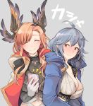  2girls ahoge blush braid breasts brown_eyes brown_hair cape cleavage closed_eyes colored embarrassed eyebrows_visible_through_hair gloves granblue_fantasy grey_background hair_ornament hand_on_another&#039;s_shoulder hood long_hair multiple_girls sayuco silva_(granblue_fantasy) silver_hair simple_background smile song_(granblue_fantasy) strap sweatdrop translated wavy_hair wavy_mouth 
