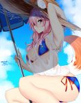  1girl animal_ears arm_up artist_name bikini bikini_under_clothes blue_bikini blush breasts clouds cloudy_sky commentary_request dated day fate/extra fate/grand_order fate_(series) fox_ears fox_tail hand_on_head hat highres hips holding holding_hat legs long_hair looking_at_viewer looking_to_the_side medium_breasts nebusoku outdoors parasol parted_lips pink_hair see-through shirt side-tie_bikini signature sky solo squatting straw_hat swimsuit tail tamamo_(fate)_(all) tamamo_no_mae_(swimsuit_lancer)_(fate) thighs twitter_username umbrella wet wet_clothes wet_shirt yellow_eyes 