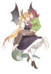  2girls barefoot blonde_hair blush brown_eyes brown_hair carrying demon_wings dragon_girl dragon_horns dragon_tail glasses highres hood hoodie horns kobayashi-san_chi_no_maidragon kobayashi_(maidragon) long_hair looking_at_another maid multiple_girls necktie pants pantyhose princess_carry red_eyes red_necktie shoes short_sleeves shuaiaba smile standing tail tooru_(maidragon) twintails very_long_hair white_background wings yuri 