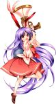 1girl absurdly_long_hair animal_ears blouse brown_shoes bunny_tail carrot full_body harukawa_moe highres holding holding_weapon kneehighs loafers long_hair looking_at_viewer lunatic_gun necktie official_art open_mouth pink_skirt puffy_sleeves purple_hair rabbit_ears red_eyes red_necktie reisen_udongein_inaba shoes short_sleeves skirt solo tail touhou transparent_background urban_legend_in_limbo very_long_hair weapon white_legwear 