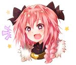  1boy blush braid fang fate/apocrypha fate_(series) male_focus open_mouth pink_hair rider_of_black single_braid smile solo sparkle star star-shaped_pupils sukemyon symbol-shaped_pupils turtleneck violet_eyes 