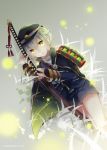  1boy armor cape dutch_angle fireflies grass green_eyes hat highres hotarumaru japanese_armor male_focus nekona3694 object_namesake ootachi parted_lips shorts silver_hair sode sword touken_ranbu twitter_username weapon 