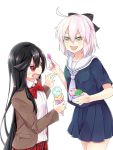  2girls ahoge anger_vein black_hair demon_archer fate_(series) food ice_cream koha-ace long_hair maromi_air multiple_girls pink_hair red_eyes sakura_saber school_uniform serafuku short_hair yellow_eyes 