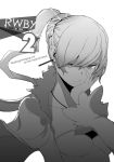  1girl earrings english hand_on_own_face jacket jewelry monochrome nose official_art ponytail rwby solo title weiss_schnee yasuda_suzuhito 