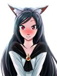  1girl animal_ears backlighting black_hair blush breasts brooch cleavage commentary_request confession embarrassed imaizumi_kagerou jewelry looking_at_viewer nose_blush parted_lips red_eyes simple_background solo sweatdrop tenamaru touhou upper_body white_background wolf_ears 