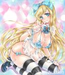  1girl artist_name at_classics bangs blonde_hair blue_bow blue_bowtie blue_bra blue_eyes blush bow bowtie bra breasts card closed_mouth detached_collar erect_nipples eyebrows_visible_through_hair frilled_bra frills full_body hair_bow hand_up holding holding_card large_breasts long_hair looking_at_viewer mary_janes navel original playing_card sample see-through shoes sitting solo stomach striped striped_legwear thigh-highs traditional_media underwear very_long_hair watermark wristband 