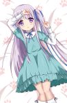  1girl arm_on_head arm_up bed blue_dress dress gotou_jun highres kneehighs long_hair lying on_back one_side_up open_mouth purple_hair ribbon side_ponytail solo tenshi_no_3p! very_long_hair violet_eyes white_legwear xiaosamiao 