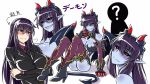  1girl :q alternate_costume alternate_skin_color ass bare_shoulders black_ black_sclera blue_skin blush boots breast_hold breasts cleavage commentary_request crossed_arms demon_(monster_girl_encyclopedia) demon_girl demon_horns demon_tail demon_wings elbow_gloves evil_grin evil_smile eyebrows_visible_through_hair formal gloves grin hair_between_eyes high_heel_boots high_heels highres horns large_breasts long_hair looking_at_viewer monster_girl_encyclopedia multiple_views pointy_ears purple_hair red_eyes sanmotogoroo sharp_teeth simple_background sitting sketch slit_pupils smile suit tail teeth thigh-highs thigh_boots tongue tongue_out translation_request white_background wings 