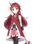  1girl artist_request bare_shoulders black_legwear bow detached_sleeves food food_in_mouth grin hair_bow highres long_hair magical_girl mahou_shoujo_madoka_magica mouth_hold pocky polearm ponytail red_eyes redhead sakura_kyouko smile solo spear thigh-highs transparent_background uchi_no_hime-sama_ga_ichiban_kawaii weapon zettai_ryouiki 