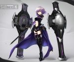  1girl bodysuit boots breasts center_opening character_name cleavage elbow_gloves fate/grand_order fate_(series) full_body gloves high_heel_boots high_heels highres holding holding_weapon lavender_hair looking_at_viewer navel open_mouth purple_hair saamon_(railgun0522) shield shielder_(fate/grand_order) short_hair skirt stomach sword weapon 