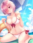  1girl blush breasts cleavage eyebrows_visible_through_hair fate/grand_order fate_(series) hair_over_one_eye innertube large_breasts looking_at_viewer nanashino_kanon navel parted_lips pink_eyes pink_hair shielder_(fate/grand_order) short_hair sitting solo wariza 
