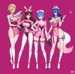  3girls 4girls :d ahri alternate_costume animal_ears animal_print arm_at_side arm_strap arm_tattoo artist_name bangs bare_shoulders belt blonde_hair blue_eyes blue_hair blunt_bangs blush bow bow_legwear breasts brown_eyes brown_hair bunny_print choker citemer cleavage cleavage_cutout clipboard closed_mouth collarbone collared_dress commentary contrapposto corset cowboy_shot cross cross_print crossover d.va_(overwatch) detached_collar dress elbow_gloves english eyelashes eyes_visible_through_hair facepaint facial_mark fake_animal_ears fingernails fish flipped_hair fox_ears fox_tail full_body garter_straps gloves gluteal_fold gradient groin hair_between_eyes hair_bow hair_ornament hair_over_one_eye hair_ribbon hairclip hairpin hand_on_hip hand_on_hips hand_on_own_chest hand_up hat headphones heart heart_choker heart_hair_ornament high_collar high_heels high_ponytail highleg highres hips holding holding_clipboard holding_syringe kneehighs lace lace-trimmed_legwear large_breasts league_of_legends leg_garter leg_ribbon legs legs_apart legs_together leotard lips lipstick logo long_fingernails long_hair long_sleeves looking_at_viewer makeup medium_breasts mercy_(overwatch) multiple_crossover multiple_girls nail_polish neck_ribbon nose nurse nurse_cap open_mouth overwatch pantyhose parted_bangs parted_lips patch pink_background pink_belt pink_bow pink_dress pink_hat pink_lips pink_lipstick pink_nails pink_ribbon pink_shoes ponytail purple_background purple_ribbon rabbit_ears re:zero_kara_hajimeru_isekai_seikatsu red_cross red_leotard red_nails rem_(re:zero) ribbon round_teeth shoes short_dress short_hair short_ponytail short_wings shoulder_pads side_slit sidelocks signature simple_background single_wing skindentation sleeveless sleeveless_dress smile standing strapless strapless_leotard strappy_heels swept_bangs syringe tail tassel tattoo taut_clothes taut_dress teeth test_tube thigh-highs thigh_strap thighs upper_teeth watermark whisker_markings white_bow white_choker white_gloves white_legwear white_wings wing_collar wings wrist_cuffs x_hair_ornament yellow_eyes 