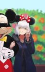  1girl ahoge animal_ears bar_censor bow casual censored coat commentary_request cross day disney fate/grand_order fate_(series) flower fur_trim gloves identity_censor jeanne_alter mickey_mouse mouse_ears open_mouth outdoors polka_dot polka_dot_bow ruler_(fate/apocrypha) short_hair smile tuxedo_jacket v wavy_mouth white_gloves white_hair yellow_eyes yue_(tada_no_saboten) 