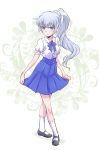  1girl blouse blue_eyes blue_skirt curtsey floral_background iesupa ponytail rwby skirt solo weiss_schnee white_blouse white_hair younger 