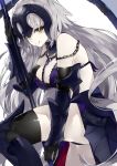  1girl arm_guards bad_id bad_twitter_id bangs bare_shoulders black_gloves black_legwear blue_armor blue_dress boots breasts cleavage commentary_request dress elbow_gloves fate/grand_order fate_(series) faulds flag gloves greaves headpiece highres holding holding_weapon jeanne_alter kou_mashiro lace lace-trimmed_dress large_breasts leaning_forward leg_armor leg_up licking_lips long_hair looking_at_viewer looking_to_the_side pale_skin polearm ruler_(fate/apocrypha) silver_hair simple_background solo thigh-highs thigh_boots thighs tongue tongue_out vambraces weapon white_background yellow_eyes 