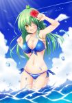  bikini blue_bikini breasts cleavage commentary_request eyebrows_visible_through_hair flower frog_hair_ornament green_hair hair_between_eyes hair_down hair_flower hair_ornament highres kochiya_sanae large_breasts long_hair looking_at_viewer navel ocean one_eye_closed open_mouth osashin_(osada) side-tie_bikini snake_hair_ornament swimsuit touhou yellow_eyes 