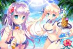  2girls bangs bare_shoulders beach bikini blonde_hair blue_eyes blush breasts cleavage commentary_request day drink drinking_straw eyebrows_visible_through_hair flower frills hair_flower hair_ornament holding large_breasts looking_at_viewer lotion lotion_bottle maid_headdress mikeou multiple_girls navel ocean outdoors palm_tree purple_hair shiny side-tie_bikini sky smile sunlight swimsuit tray tree twintails wrist_cuffs 