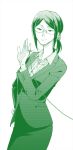  1girl glasses green hand_on_hip hrt_(fujita_hiro) jewelry koyanagi_hanako looking_at_hand monochrome necklace office_lady otaku_ni_koi_wa_muzukashii ponytail solo standing string 