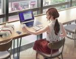  1girl brown_eyes brown_hair cellphone coffee_cup computer google google_chrome highres laptop long_hair looking_back mole namako_mikan notebook original pen phone profile restaurant smartphone solo window 