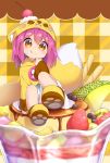  1girl :p animal_ears bird blueberry blush brown_eyes cherry dress fake_animal_ears food food_on_face fox_hat fox_tail fruit highres hood in_food kiwi long_hair looking_at_viewer melon nipeira orange original oversized_object paw_shoes pudding purple_hair shoes smile solo strawberry tail tongue tongue_out yuzuwa-chan 