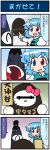  1girl 4koma artist_self-insert bar_censor blue_eyes blue_hair censored closed_eyes comic commentary gradient gradient_background hello_kitty hello_kitty_(character) heterochromia highres holding holding_sign juliet_sleeves karakasa_obake kogasa-san&#039;s_father long_sleeves mizuki_hitoshi one-eyed open_mouth pointing pointless_censoring puffy_sleeves red_eyes short_hair sign smile sweatdrop tatara_kogasa touhou translated umbrella vest 