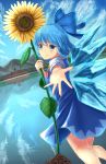  1girl blue_dress blue_eyes blue_hair blue_sky cirno clouds day dress dutch_angle flower hair_ribbon looking_at_viewer luke_(kyeftss) misty_lake mountain outdoors outstretched_hand puffy_short_sleeves puffy_sleeves reaching_out reflection ribbon scarlet_devil_mansion short_hair short_sleeves sky smile solo sunflower touhou wings 