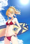  1girl bikini blonde_hair bracelet breasts clouds cowboy_shot fate/apocrypha fate/grand_order fate_(series) front-tie_top green_eyes grin jewelry long_hair looking_at_viewer mordred_(swimsuit_rider)_(fate) ponytail red_bikini saber_of_red shibamine_takashi side-tie_bikini sky small_breasts smile solo sun surfboard swimsuit 