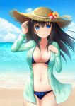  1girl beach bikini black_hair blue_eyes blue_sky breasts checkered checkered_bikini cleavage commentary_request day flower hairband hat idolmaster idolmaster_cinderella_girls jacket kirimoti34 large_breasts long_hair long_sleeves looking_at_viewer navel ocean sagisawa_fumika sky smile solo straw_hat swimsuit 