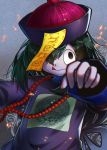  1girl asui_tsuyu black_eyes black_hair blue_skin boku_no_hero_academia chinese_clothes frog_girl hair_over_one_eye hat jiangshi long_hair long_tongue looking_at_viewer low-tied_long_hair monster_girl mowmow26 solo tongue tongue_out undead zombie 