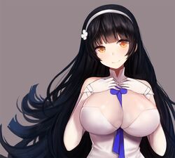  1girl ankkoyom black_hair breasts girls_frontline gloves hairband large_breasts long_hair looking_at_viewer qbz-95_(girls_frontline) simple_background smile solo upper_body white_gloves white_hairband yellow_eyes 