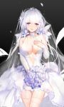  1girl :d bilan_hangxian black_boots boots bouquet breasts bridal_veil cleavage collarbone cowboy_shot detached_sleeves diadem dress eyebrows_visible_through_hair flower garter_straps hair_ornament hair_ribbon highres holding holding_bouquet illustrious_(bilan_hangxian) jewelry large_breasts long_hair looking_at_viewer open_mouth ribbon ring short_dress silver_hair simple_background sleeveless sleeveless_dress smile solo standing swd3e2 thigh-highs veil violet_eyes wedding_dress wedding_ring white_flower white_ribbon 