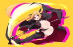  1girl absurdres ass bardiche black_legwear black_leotard blonde_hair boots cape commentary_request eyebrows_visible_through_hair fate_testarossa from_behind full_body hair_ribbon highres leotard long_hair looking_at_viewer looking_back lyrical_nanoha magical_girl mahou_shoujo_lyrical_nanoha midair nekokan-nekokan open_mouth red_eyes ribbon scythe shiny shiny_hair shiny_skin solo thigh-highs twintails very_long_hair weapon yellow_background 