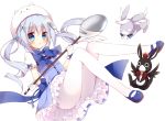  1girl animal animal_on_head blue_bow blue_bowtie blue_dress blue_eyes blue_shoes blush bow bowtie bunny_on_head dress eyebrows_visible_through_hair full_body gloves gochuumon_wa_usagi_desu_ka? hair_ornament holding holding_spoon hoshi hoshi_(snacherubi) kafuu_chino layered_dress long_hair looking_at_viewer on_head pantyhose parted_lips phantom_thief_lapin rabbit shoes short_dress short_sleeves silver_hair simple_background solo tippy_(gochiusa) twintails white_background white_gloves white_legwear wild_geese 