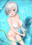  1girl absurdres bikini blue_eyes blush breasts collarbone hair_ornament hair_over_one_eye hairclip hamakaze_(kantai_collection) highres hose kantai_collection large_breasts looking_at_viewer looking_up nedia_r open_mouth pool short_hair side-tie_bikini silver_hair solo strap_gap swimsuit water white_bikini 