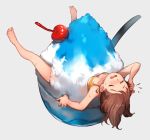  1girl barefoot brain_freeze breasts brown_hair character_request cherry closed_eyes collarbone commentary copyright_request food fruit grey_background hand_on_own_head in_food lee_hyeseung long_hair open_mouth shaved_ice simple_background small_breasts solo wavy_mouth 