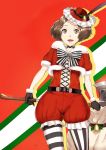  1girl atlus axe bell belt black_gloves brown_eyes brown_hair choker christmas cross-laced_clothes feathers gloves hat highres holly megami_tensei mismatched_legwear okumura_haru open_mouth persona persona_5 poco_(backboa) ribbon sack solo striped striped_legwear vertical-striped_legwear vertical_stripes weapon 