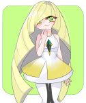  1girl absurdres blonde_hair closed_mouth dress green_eyes highres long_hair lusamine_(pokemon) pokemon pokemon_(game) pokemon_sm smile smiley_face white_dress 