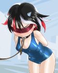  1girl arms_behind_back black_hair blindfold blush breasts cleavage collar horns kijin_seija leaning_forward leash medium_breasts multicolored_hair redhead school_swimsuit short_hair solo standing streaked_hair swimsuit touhou white_hair winn 