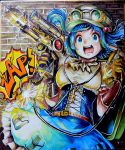  1girl backpack bag belt blue_eyes blue_hair gloves goggles goggles_on_head gun hair_bobbles hair_ornament hat highres jonasan_(bad-t) kawashiro_nitori key onomatopoeia open_mouth skirt steampunk surprised surprised_arms touhou traditional_media twintails weapon 