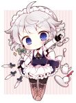  &gt;:&lt; 1girl ahoge apron arm_up beige_background black_gloves black_legwear blue_eyes blush boots bow braid brown_boots chibi closed_mouth cup frilled_apron frills full_body gloves izayoi_sakuya knife kyou_(nekoneko) long_sleeves looking_at_viewer maid maid_apron maid_headdress neck_ribbon outline outside_border pocket_watch ribbon side_braid silver_hair skirt skirt_set solo spoon standing striped teacup teapot touhou tray twin_braids vertical-striped_background vertical_stripes waist_apron watch weapon 