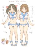  10s 2girls 7010 bikini black_hair blush bow breasts brown_eyes brown_hair commentary_request flower gluteal_fold hair_bow hair_flower hair_ornament idolmaster idolmaster_cinderella_girls imai_kana large_breasts looking_at_viewer midriff mimura_kanako multiple_girls navel open_mouth sailor_bikini sailor_collar sailor_swimsuit_(idolmaster) short_hair simple_background small_breasts smile solo swimsuit translation_request twintails white_background white_bikini 