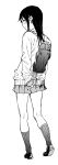  1girl absurdres bag bangs closed_mouth ebisumaru_(ebisumaru3) from_behind full_body greyscale highres kneehighs kneepits loafers long_hair looking_at_viewer looking_back monochrome original pleated_skirt ribbed_legwear school_bag school_uniform shoes shoulder_bag sidelocks simple_background skirt sleeves_past_wrists smile solo standing sweater 