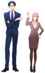  1boy 1girl black_shoes crossed_arms formal glasses hand_on_hip hrt_(fujita_hiro) long_hair looking_at_another momose_narumi nifuji_hirotaka office_lady otaku_ni_koi_wa_muzukashii pantyhose pink_hair pointing shoes skirt standing suit 